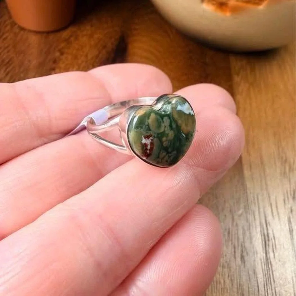 Ocean Jasper Heart Ring - Size 9 - .925 sterling silver.